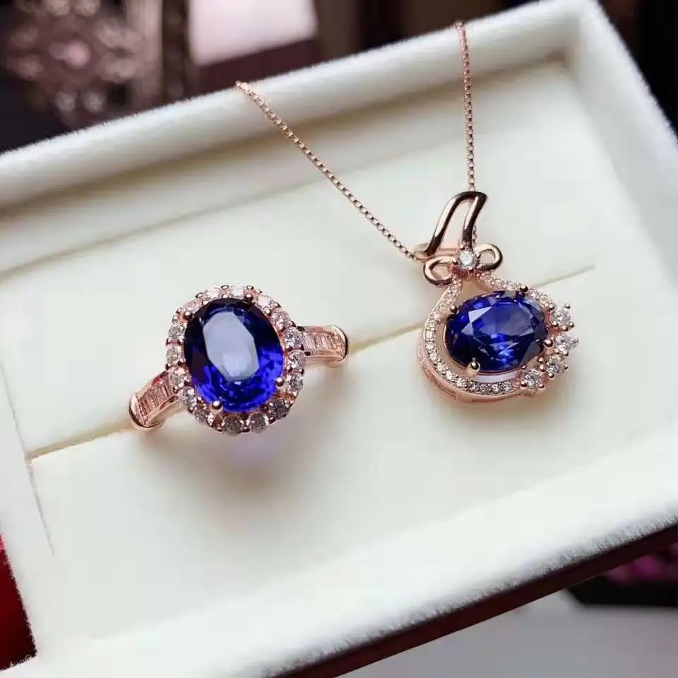 Rose gold Классический сапфир S925 высокого класса Кулон Кольцо Набор для модных дам - Цвет камня: Rose gold