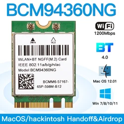 1200Mbps Dual Band Wireless Hackintosh MacOS BCM94360NG Bluetooth-compatible 4.0 NGFF M.2 WiFi Card 802.11AC Wlan Adapter DW1560