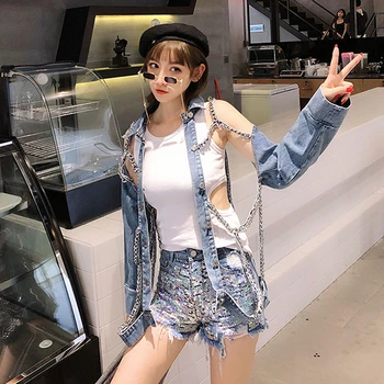 

2020 summer women chain denim jackets hole jean-coats ladies stylish streetwear metal jacket hip hop sequin coat spring NZY136