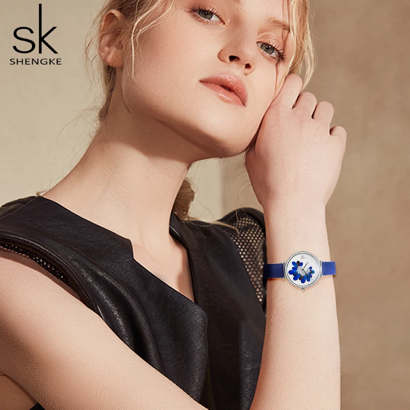 Shengke SK, женские часы, Лидирующий бренд, Роскошные, с кожаным ремешком, женские наручные часы, с синими перьями, кварцевые женские часы, reloj mujer