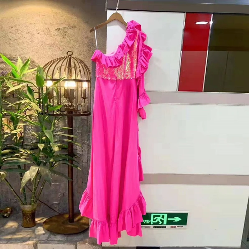 Elegant Pink One Shoulder Ruffles Design HIgh Quality Maxi Dress Women Celebrity Evening Party Dress Vestidos Wholesale