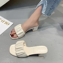 

Women's Suqare Heels Slippers 2022 New Ladies Fashion Pleated Summer Slippers For Women Sexy Sandals White Yellow Shoes Woman