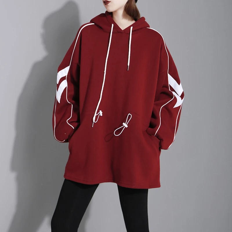 GALCAUR Print Hit Color Sweatshirts Female Hooded Collar Lantern Long Sleeve Drawstring Casual Autumn Sweatshirt Women Tide New