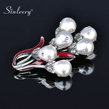 

SINLEERY Luxury Plant Shape Waterdrop Pearl Brooches For Women AAA Cubic Zircon Stones Paved Jewelry Accessories XZ143 SSH