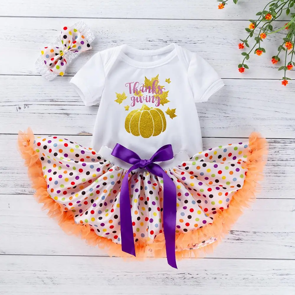 

New Christmas Clothes Toddler Cute Baby Girls Thanks Giving Day Romper Short Sleeve Tops Tutu Dress Hairband Outfits Kid Set