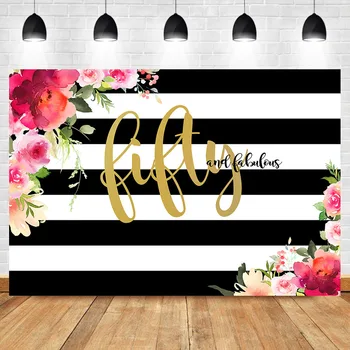

Fifty and Fabulous Backdrop Flower Stripes 50th Birthday Photography Background Women 50th Birthday Party Banner Backdrops