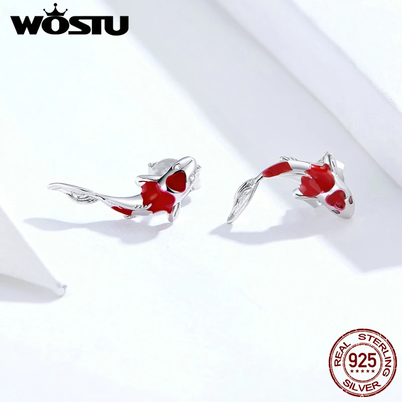 WOSTU настоящие 925 пробы серебряные красные серьги-гвоздики Koi для женщин изысканные маленькие серьги Свадебные ювелирные изделия подарок CQE812
