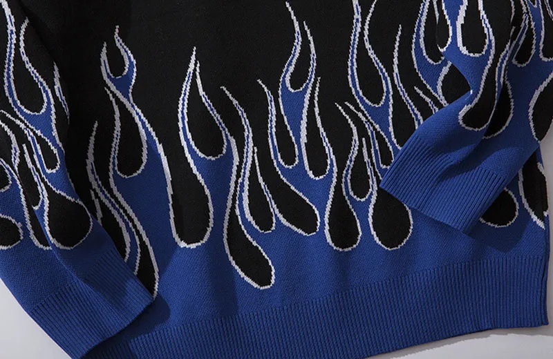 Свитер мужской пуловер Трикотаж пары свитера свободные огонь Горячие ожоги принты хип-хоп теплая зимняя верхняя одежда свитер уличная