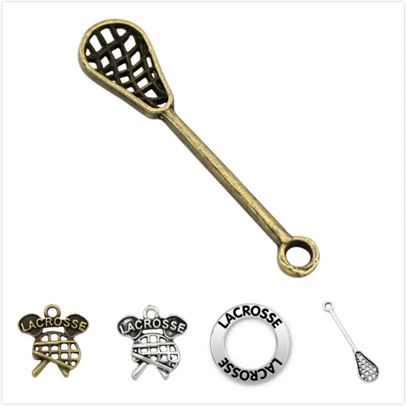 2080pcs Antique Silver Bronze Lacrosse Stick Charms Round Lacrosse