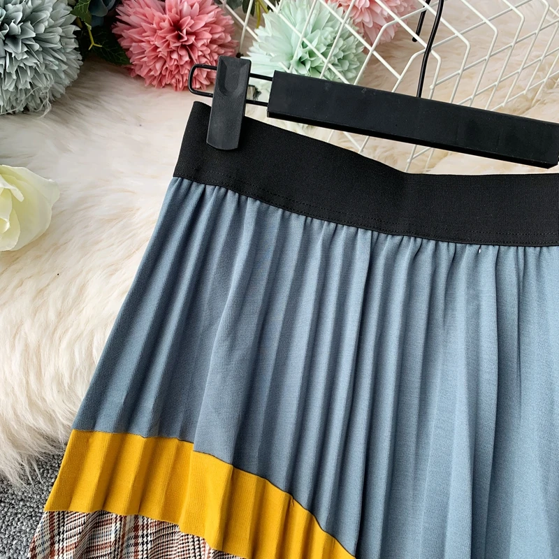Woherb Корейская клетчатая юбка в складку с высокой талией длинные юбки женские Harajuku Лоскутная макси юбка элегантные юбки Mujer Moda