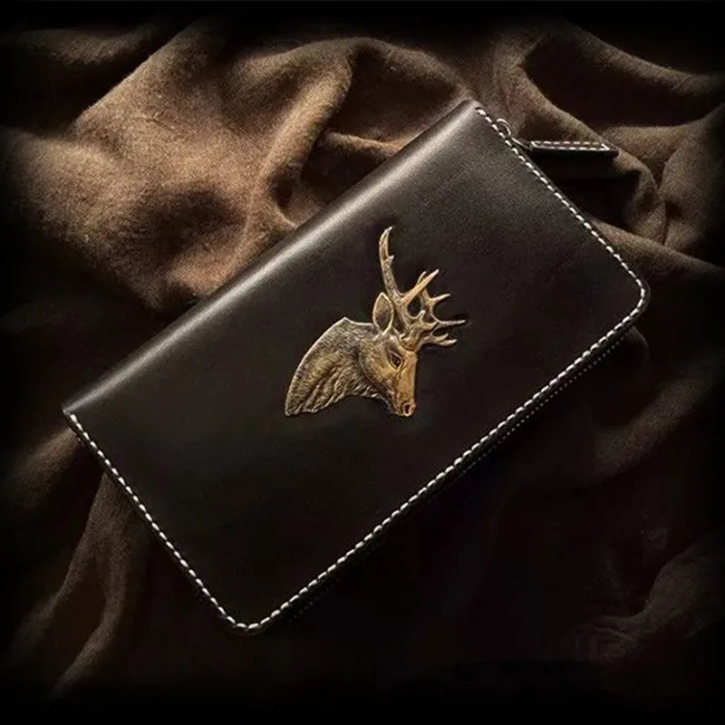 Handmade Lovers Wallets Carving Deer Head Purses Men Gentleman Clutch Vegetable Tanned Leather Women Wallet Card Holder | Багаж и сумки