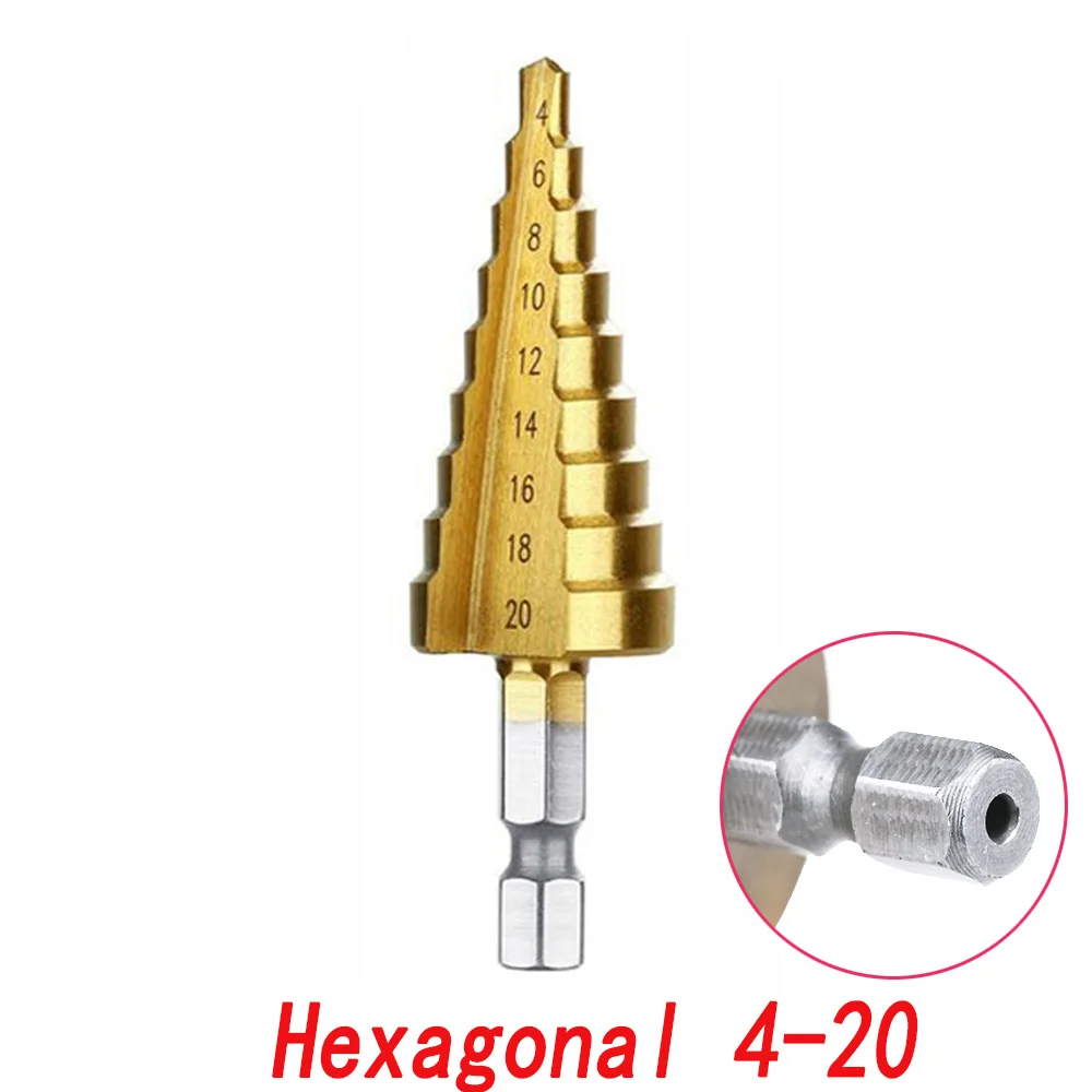 4-20 Hexagon Shank 4-12 4-20 4-32 мм ступенчатое сверло с титановым покрытием из быстрорежущей стали, конусное сверло - Цвет: 4-20 Hexagon Shank