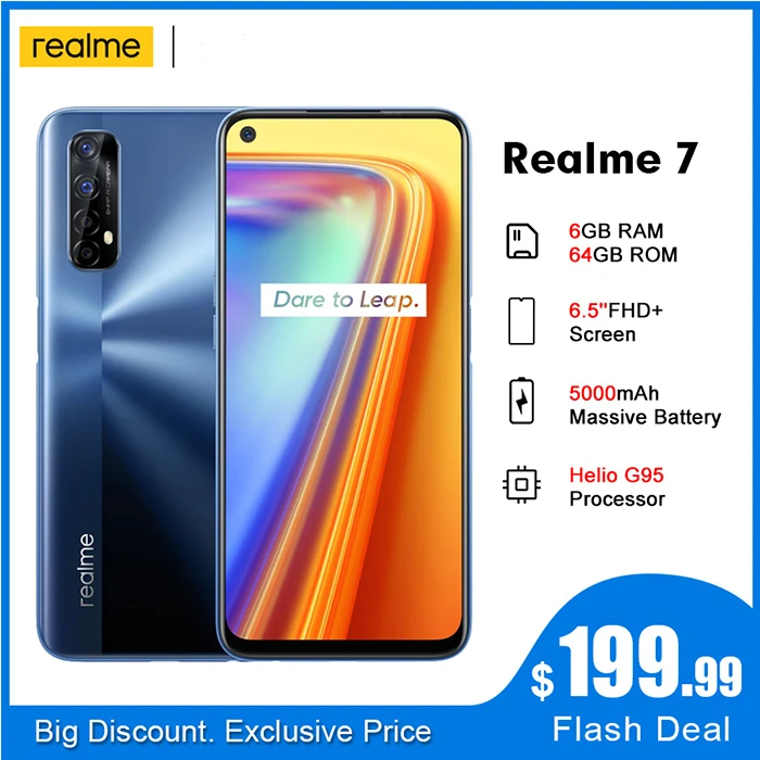 Realme 7 5000mah rmx2155 nfc 6.5 ffhd + 6gb 64 48mp quad cams smartphone helio g95 octa core 30w dartcharge telefone móvel