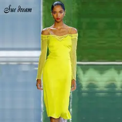 2019 Новое модное желтое Кружевное облегающее платье с длинными рукавами для женщин, облегающее Клубное вечернее платье vestidos