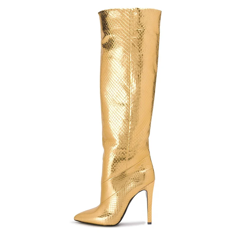 Высокие сапоги до колена на высоком каблуке золотистого цвета г. Женская осенне-зимняя обувь женские модные высокие сапоги с острым носком на каблуке ботинки без застежки