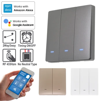 

(No neutral) WIFI +RF433 Button Light Wall Switch 3-Color Blue LED 86*86mm TUYA Smart Home 2Way/3Way Alexa Google Home Alice
