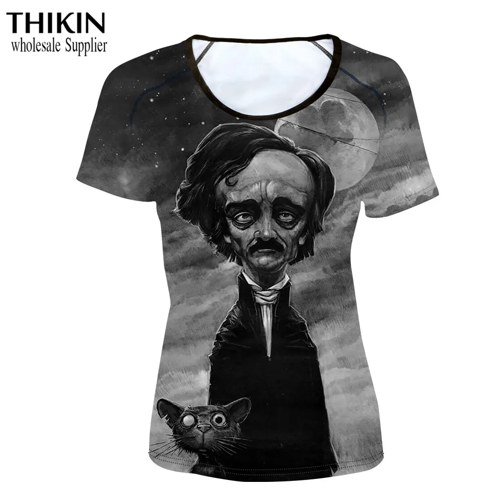 as picture Женские летние футболки с принтом THIKIN EDGAR ALLAN POE, одежда для бодибилдинга с коротким рукавом, повседневные топы с круглым вырезом и рисунком для девочек, футболки на заказ - Цвет: as picture