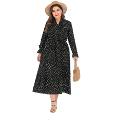 

New Plus Size Women Dress Black Polka Dot Printed Long Dress Bow Tied V Neck Long Sleeve Dress Bohemian Female Beach Maxi Dress