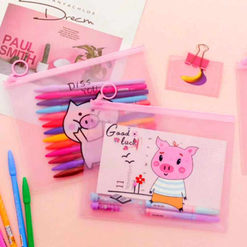 

Creative Pink Pig A5 File Bag Korean Cute Girl Heart Ring Zipper Pencil Bag Storage Bag Stationery Supplies