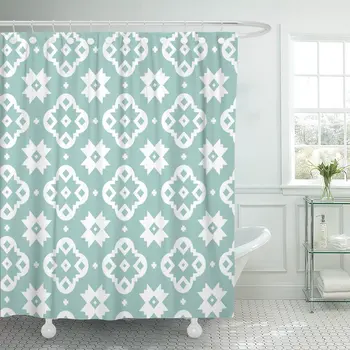 

Southwest Southwestern Quatrefoil Aqua Geometric Pattern White Shower Curtain Waterproof Polyester Fabric 72 x 78 inches Set wit