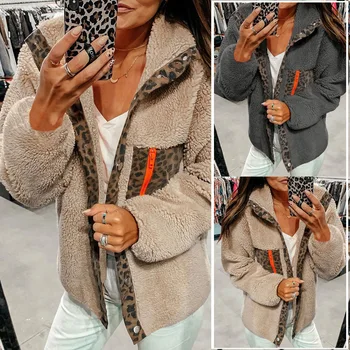 

2020 nian Autumn Sexy Leopard Print Zipper Button Long Sleeve Ladies Blouse Plush Coat 600209