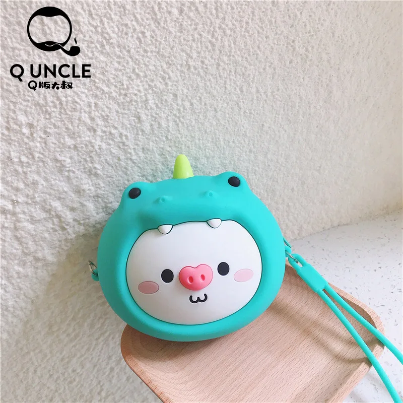 Q UNCLE Cartoon Cute Dinosaur Pig Kids Purse Zipper Silica Gel Kawaii Mini Wallet Chain Coin Purses Waterproof Messenger Bags