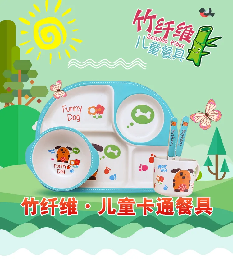 Children Baby Tableware Suit 5-Piece Infant Cartoon Environmentally Friendly Kindergarten Feeding Supplies Wholesale Bamboo Fabr