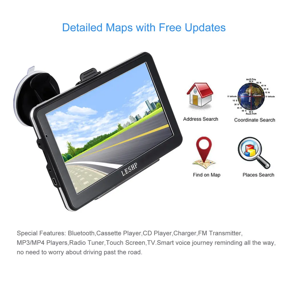 LESHP 7 дюймов HD Автомобильный gps навигатор Android 8 Гб четырехъядерный автомобильный 3D навигатор умный голосовой напоминание для разных стран