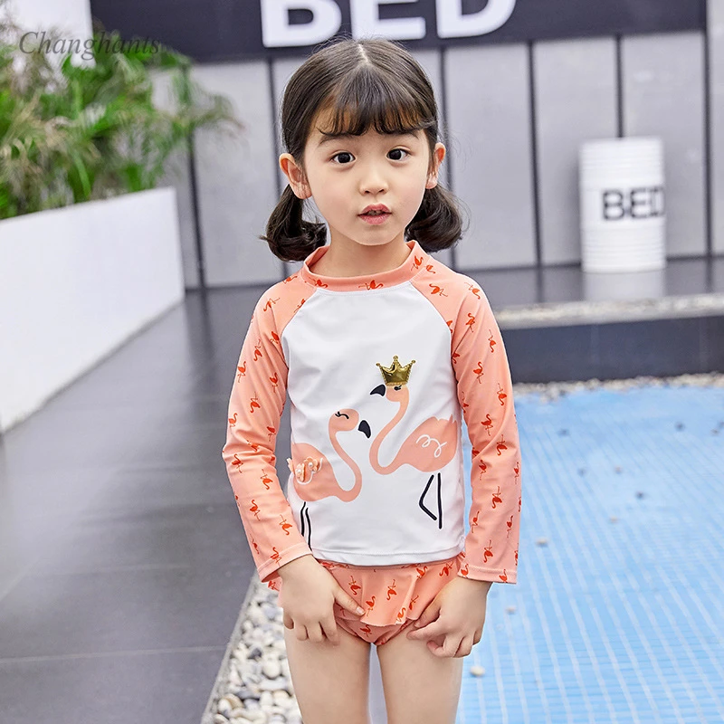 Купальник из двух частей детский купальник с длинными рукавами для девочек 1-7 лет, купальный костюм с оранжевым и белым фламинго для детей