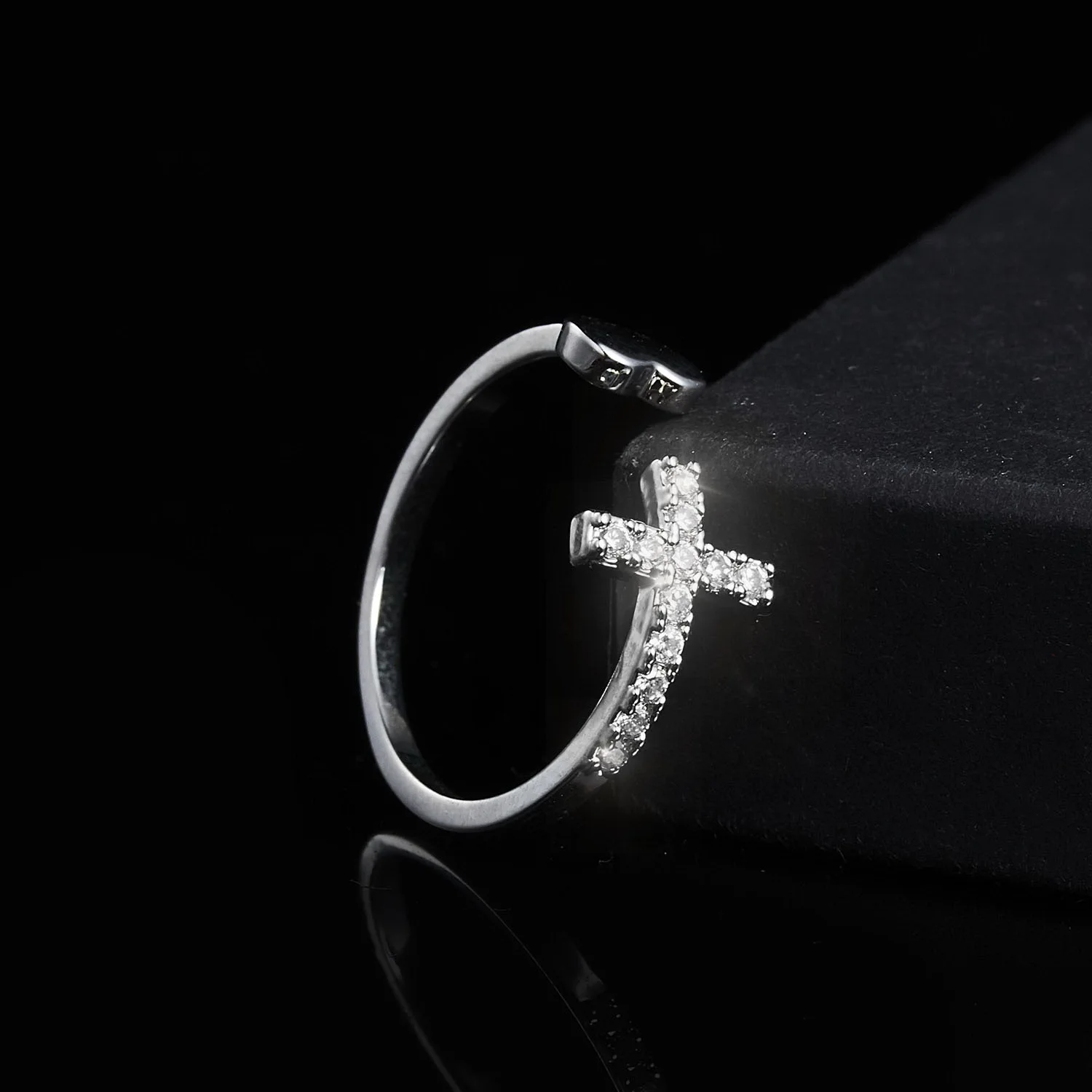 1PC Silver Color Alloy Rhinestone Cross Ring Geometric Heart Adjustable Opening Rings For Women Fashion Jewelry Gift