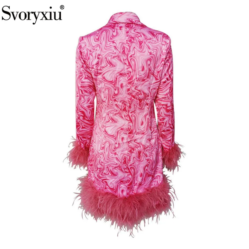 Svoryxiu Runway Autumn Winter Print Patchwork Feathers Dress Women's Lapel Collar Long Sleeve Tassel Party Mini Dresses