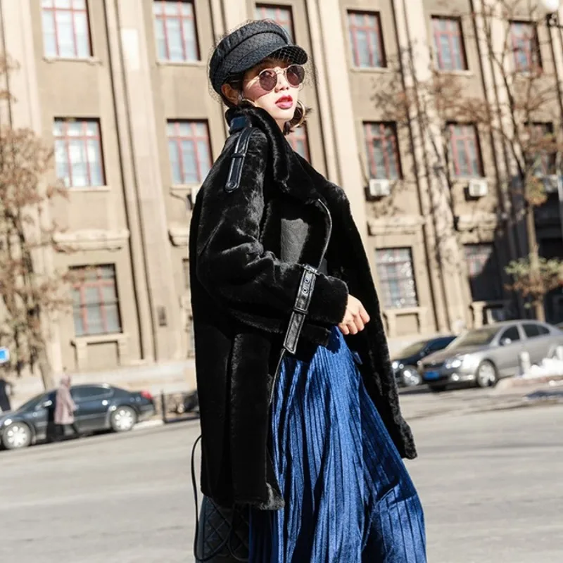 Winter Women Loose Fit Real Fur Coat Elegant Luxury Turtleneck Warm Overcoat Streetwear Zipper Wool Outerwear Plus Size