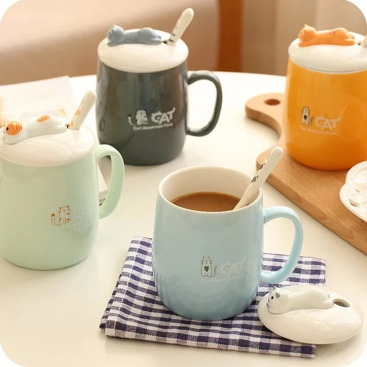 

Cat Ceramic Cup Office Simple Breakfast Mug with Cover Spoon Fresh and Lovely Portable Female Korean Water Cup