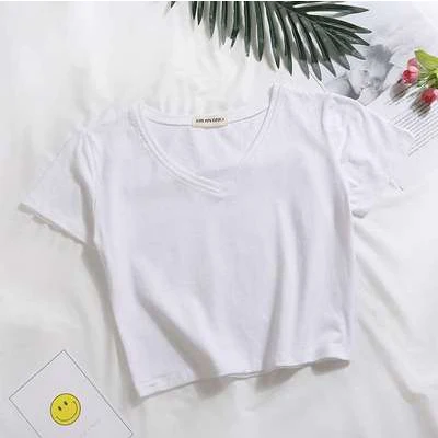 V-White Повседневные однотонные Короткие топы с буквенным принтом, женские модные тонкие футболки с коротким рукавом, летние женские модные простые футболки с графикой, Новинка - Цвет: V-White