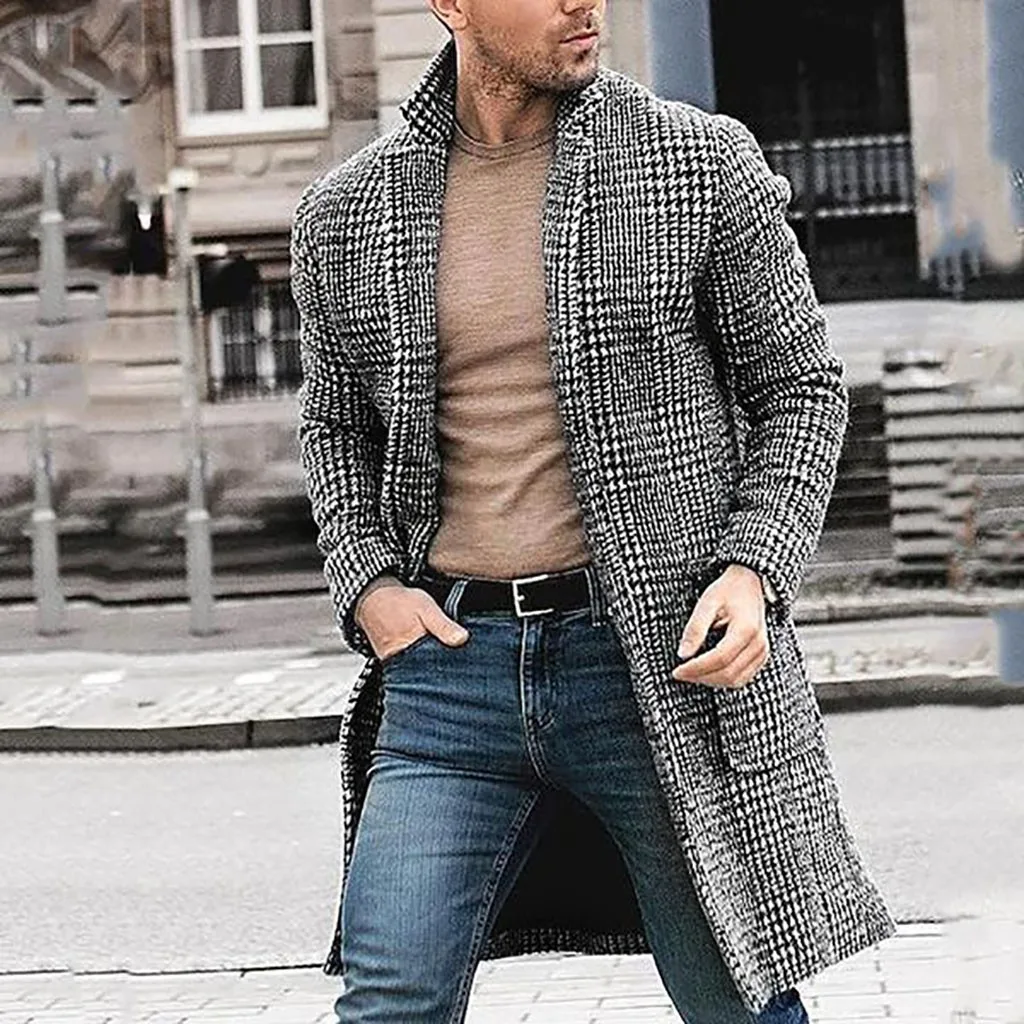 Winter Coat Men Casual Fashion Hounstooth Gentlemen Long Coat Jacket Outwear casaco masculino Winter Coat Men Casual Fashion Hounstooth Gentlemen Long Coat Jacket Outwear casaco masculino