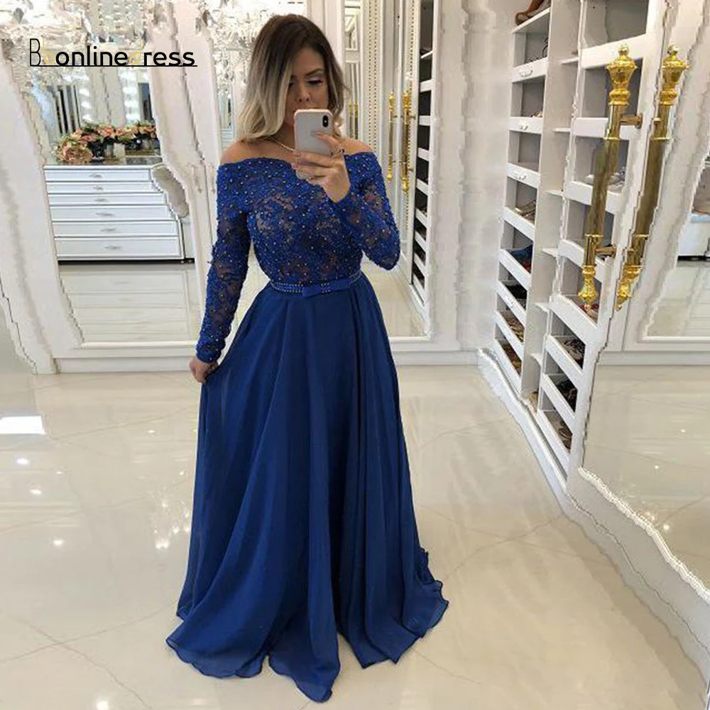 Bbonlinedress темно-синее вечернее платье трапециевидной формы с длинным рукавом Вечерние платья с кружевами из бисера Вечерние платья размера плюс