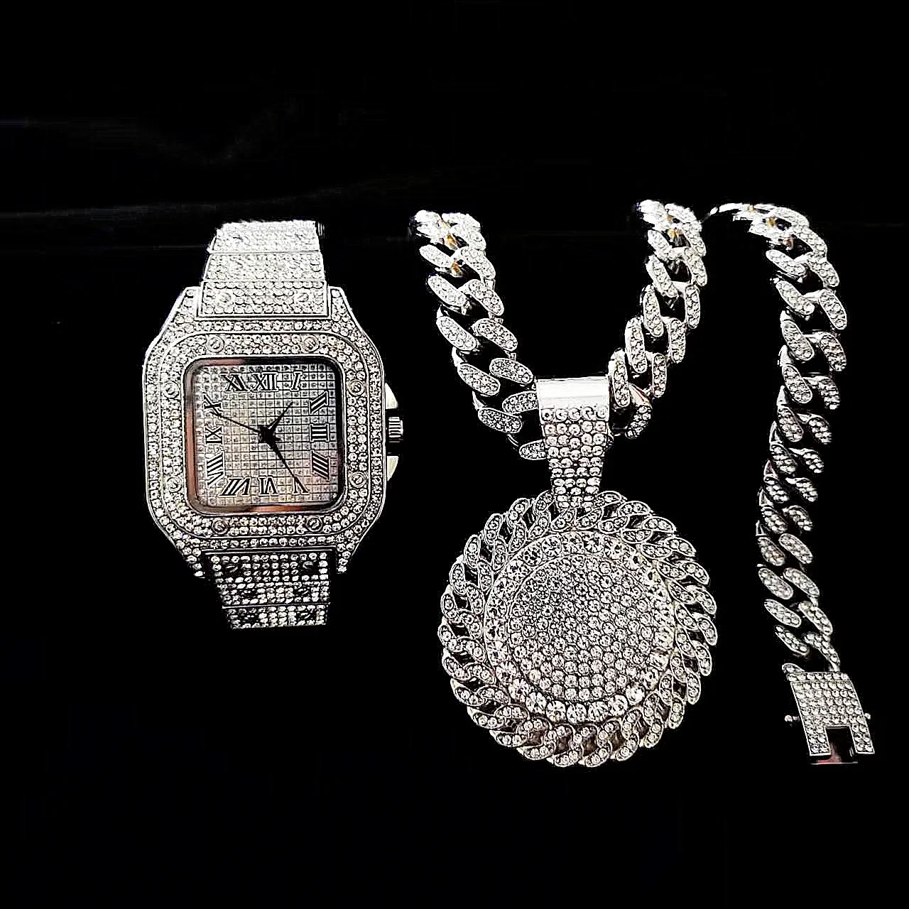 2pcs Iced Out Watches Necklace Pandents Rhinestone 13MM Miami Cuban Chains Bling Rapper Luxury Gold Wristwatch Men Jewelry Set