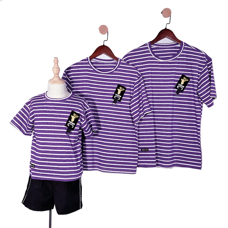 1pc shirt purple Летние одинаковые футболки в полоску для всей семьи; рубашки для мамы и ребенка; одежда для семьи; Модная одежда для мамы, папы и детей - Цвет: 1pc shirt purple