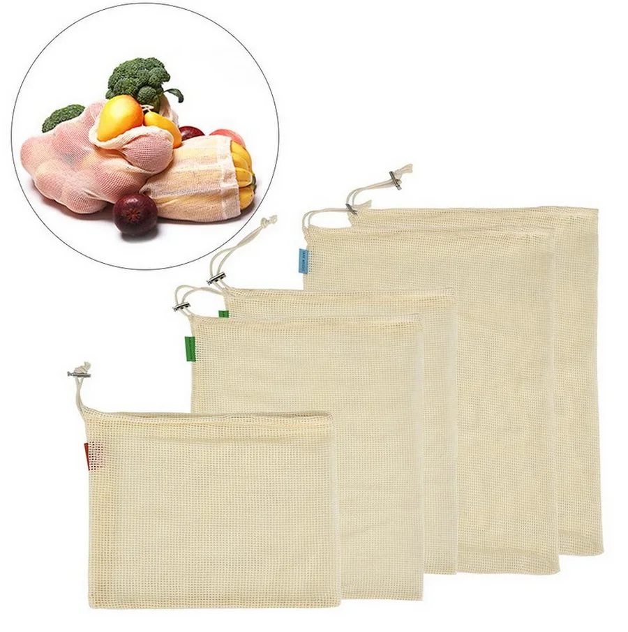 

DHL 50set 3pcs/set Cotton Mesh Vegetable Bags Reusable Cotton Mesh Vegetable Storage Bag Kitchen Fruit Vegetable with Drawstring