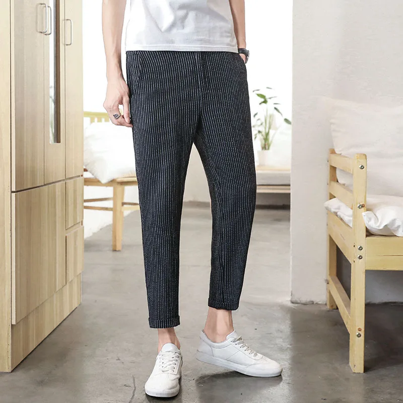

Summer Casual Pants Cotton Linen Pants MEN'S Pants Japanese-style Skinny Capri Pants Chinese-style Cotton Linen Capri Striped Pa