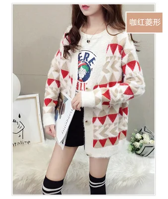 Light coffee red Свитер женский желтый красный синий сшивание Плюс Размер Свободный кардиган 19 осень зима корейский однобортный вязаный свитер LD1191 - Цвет: Light coffee red