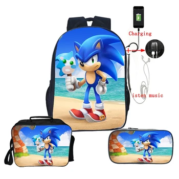 

2020 3Pcs/Sets Cartoon Sonic Usb Charging Backpack Students cooler Bag Pencil Case School Bags Boys Girls Traval Tote Mochila