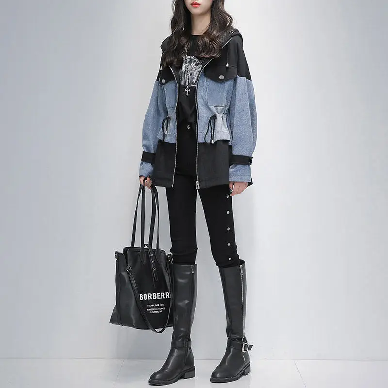 

Large Size Women's Mid-length Windbreaker Wool Blend New Womens Coats Waist Slimming Stitching Denim Woman Winter Clothing