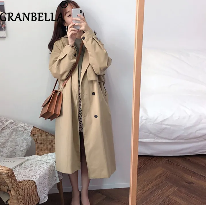 

2019 Spring and Autumn New Windbreaker Korean Style Double Breasted Waist Belt Women Trench Coat Solid Color Female Coats