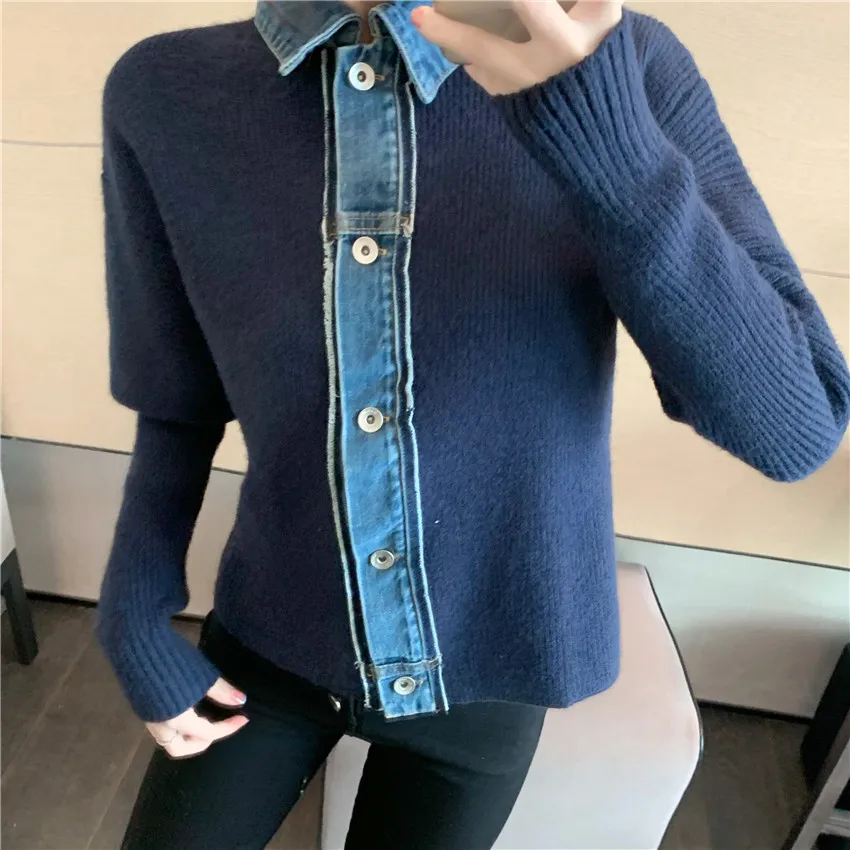 2021 New Autumn Winter Korean Fashion Denim Patchwork Cardigan Women Puff Sleeve Designer Brand Cardigans Mujer Coat Pull Femme |