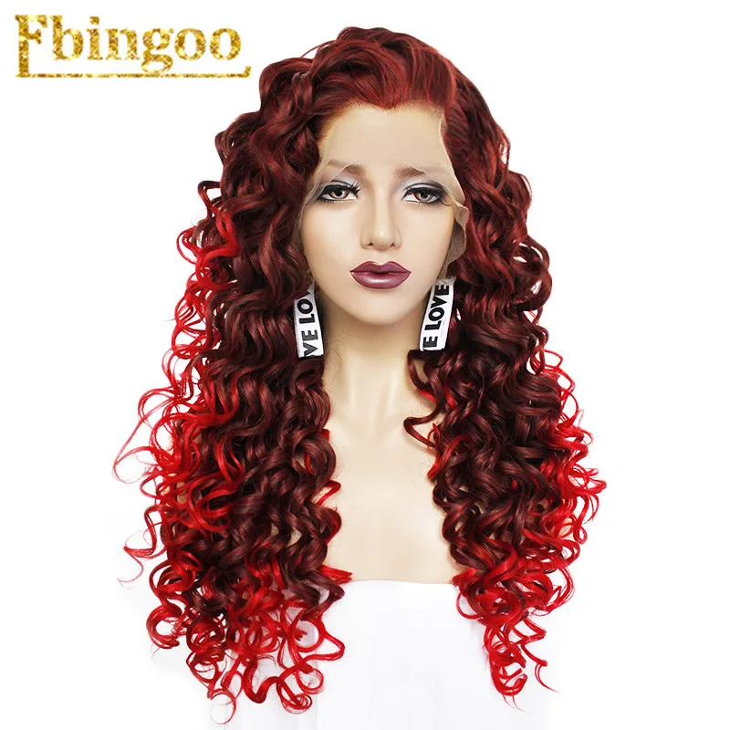 Ebingoo Long Afro Kinky Curly Synthetic Lace Front Wigs Two Tone Ombre Red Wig with Widow Peak Heat Resistant Fiber for Women