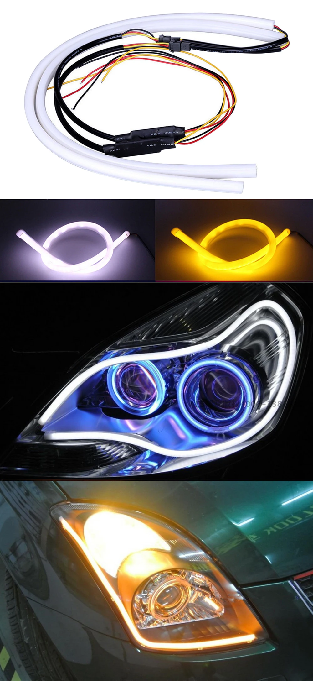 2x автомобиль DRL Гибкая мягкая трубка дневные ходовые огни Светодиодные полосы белый и желтый сигнал поворота 30 45 60 см 12 В ширина зазора лампы