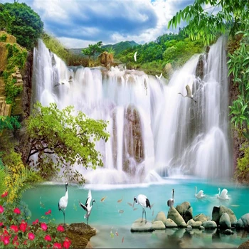 

3d wallpapers Blue sky white clouds mountains and waterfalls beautiful scenery wallpapers TV background decorative painting