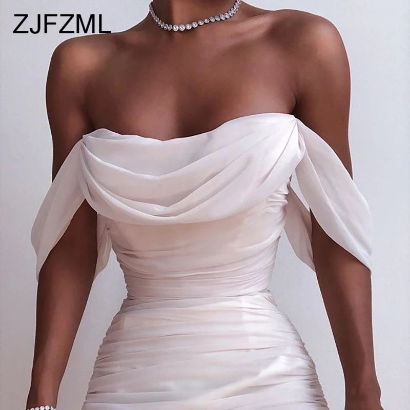 

Off The Shoulder Sexy Mesh Dress Women Backless Maxi Bodycon White Elegant Dress Sexy Club Party Ruched Drawstring Long Dress