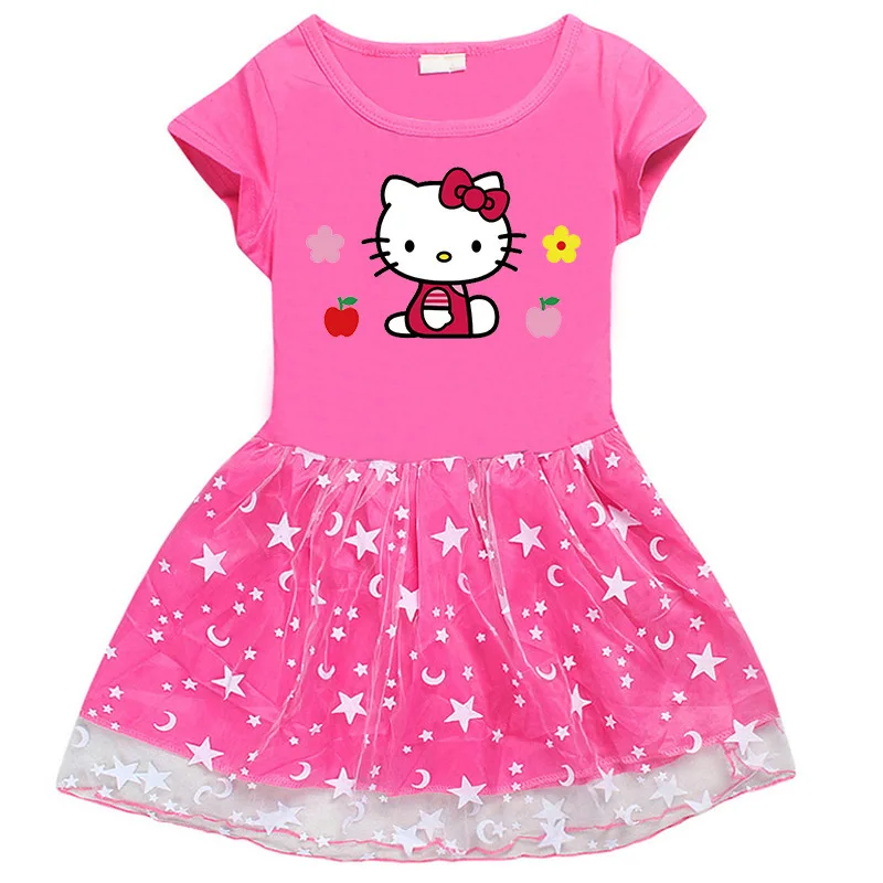 thumbnail image 1 of Hello Kitty nuevo vestido de estilo europeo y americano para niñas falda de princesa de manga corta de hilo de red de estrella y Luna de algodón para niños, 1 of 5